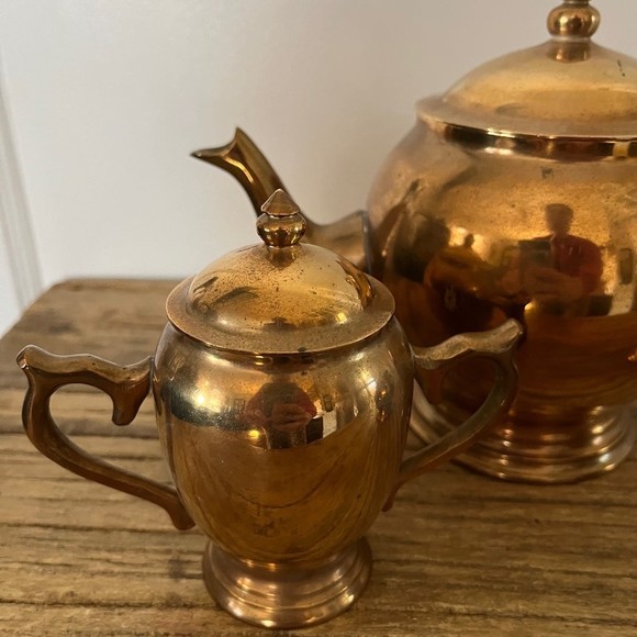 Vintage 3 Piece Taiwan Brass with Wooden Handle Hollywood Regency Tea Set - Picture 3 of 12